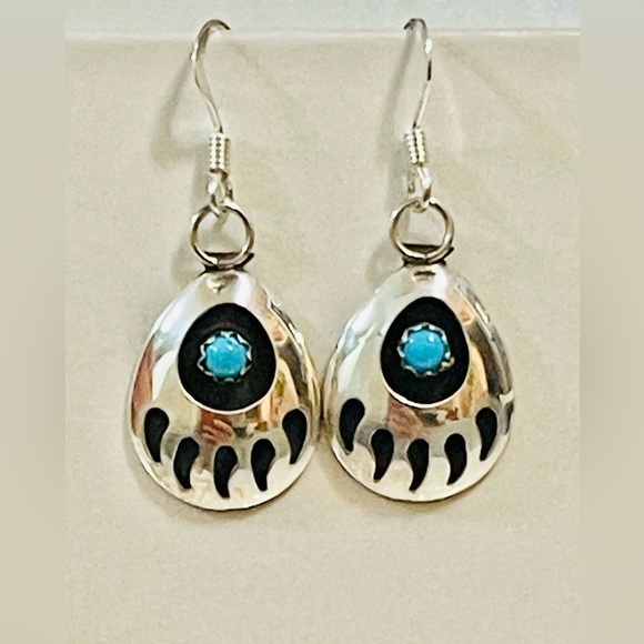 Natural Kingman Turquoise Bear Paw Earrings 27602 Native American Navajo Indian Sterling Turquoise Bear Paw Dangle Earrings